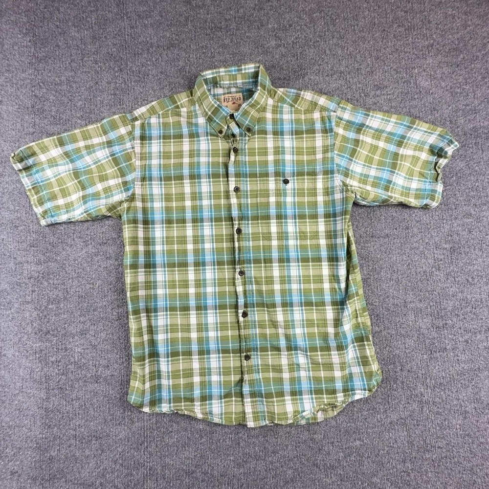 RedHead Shirt Mens Medium Green Plaid Short Sleeve Button Up Casual Outdoor